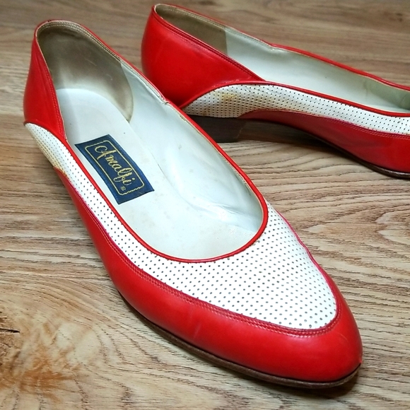 Amalfi Shoes - Vintage Amalfi Womens Red White Almond Toe Low Heel Loafers Flats Size 7…